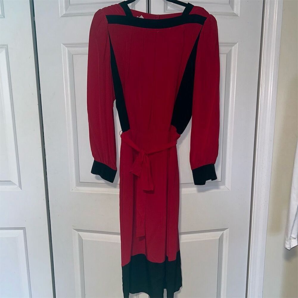 Women's Size 14 Multicolor Silk Knee Length Dress High Neck Lantern Sleeve
